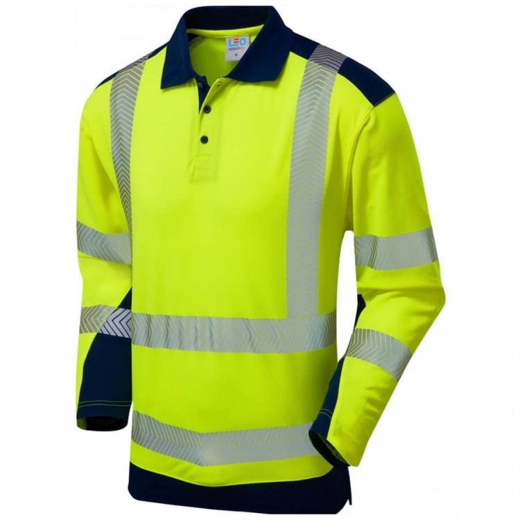 Leo Workwear P15-Y/NV Wringcliff Coolviz Plus Sleeved Polo Shirt Yellow/Navy